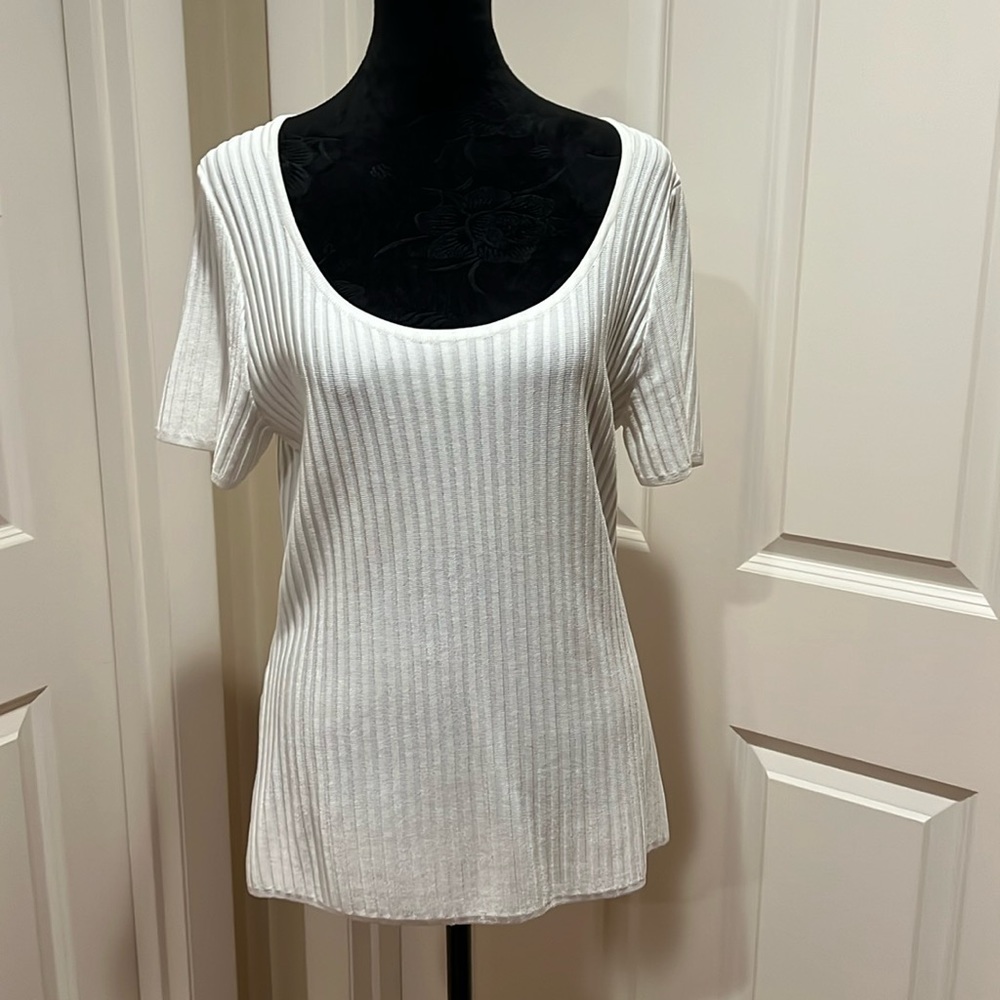 White House Black Market, woman’s, large, white, short sleeve, ribbed top.